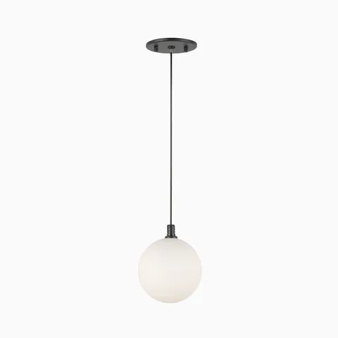 Modern LED pendant light with matte black finish, black cord, and frosted glass globe shade.