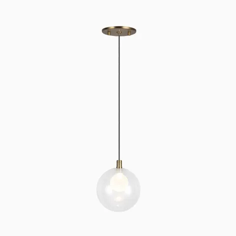 Modern LED pendant light with brushed gold finish, black cord, and clear glass globe shade.