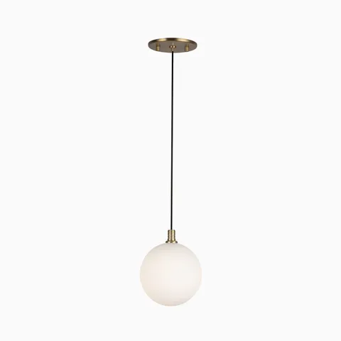 Modern LED pendant light with brushed gold finish, black cord, and frosted glass globe shade.