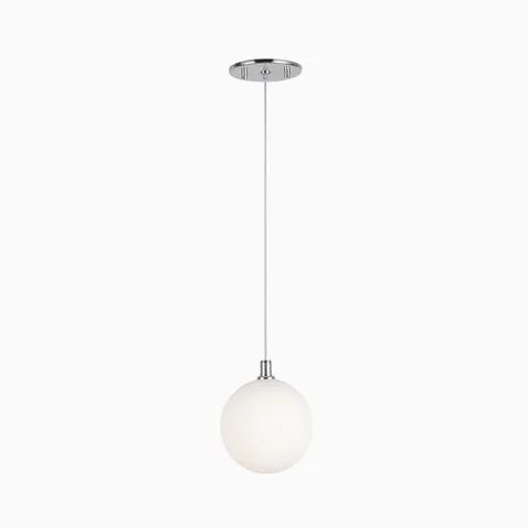 Modern LED pendant light with silver finish and frosted glass globe shade.