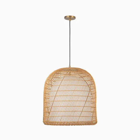 Modern pendant light with brushed gold finish and handwoven rattan dome shade.