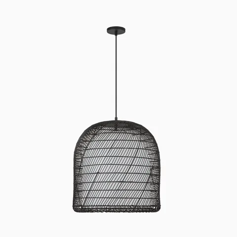 Modern pendant light with matte black finish and handwoven rattan dome shade.