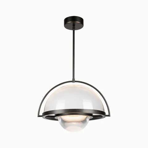 Modern LED pendant light with matte black frame and clear glass dome shade.