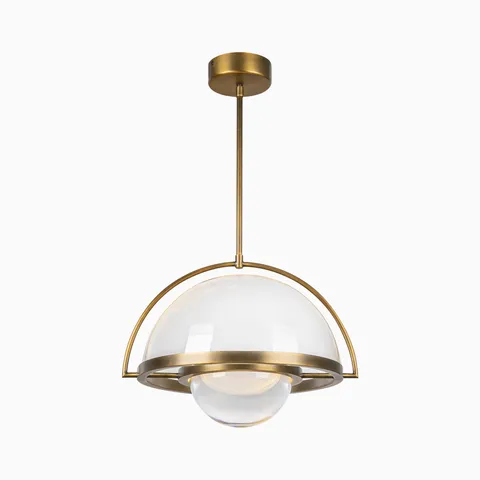 Modern LED pendant light with brushed gold frame and clear glass dome shade.