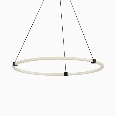 Modern circular LED pendant with ribbed white ring, matte black connectors, and three slim black suspension cables.