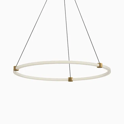 Minimalist circular LED pendant with layered ribbed ring and brass connectors, suspended by three black cables.