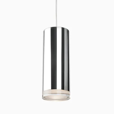 Chrome cylindrical LED pendant light with reflective finish, clear diffuser, and slim suspension cord.