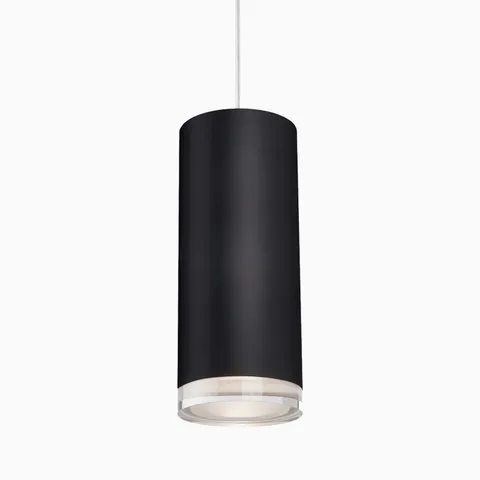 Matte black cylindrical LED pendant light with clear diffuser and slim suspension cord.