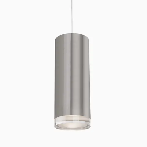Brushed nickel cylindrical LED pendant light with clear diffuser and slim suspension cord.