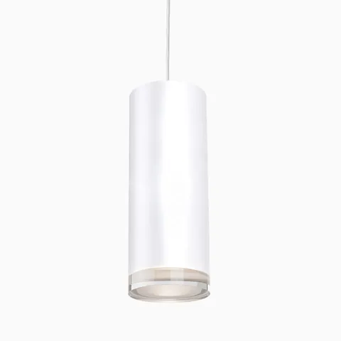 Minimalist cylindrical LED pendant light in matte white with clear diffuser, suspended by a slim white cord.