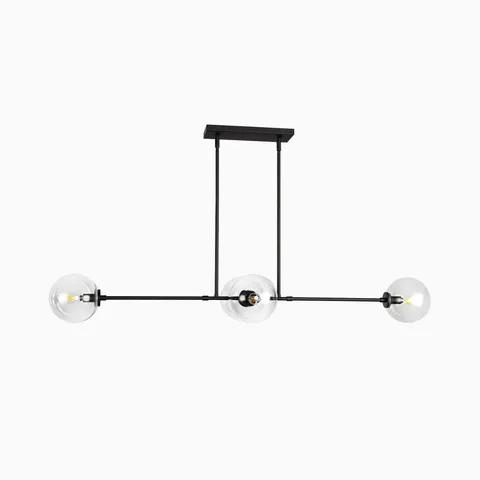 Modern linear pendant light with three clear glass globe shades on a matte black horizontal metal frame.