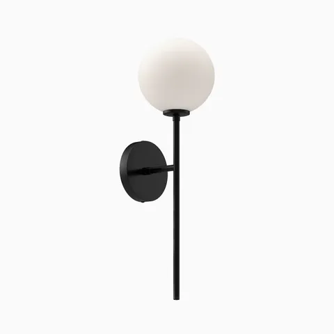 Modern wall sconce with frosted glass globe shade and extended matte black vertical metal arm.