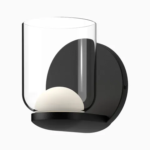 LED wall sconce with clear glass cylinder shade and matte black backplate.