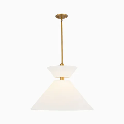 Pendant light with dual frosted glass cone shades and brushed brass canopy and stem.