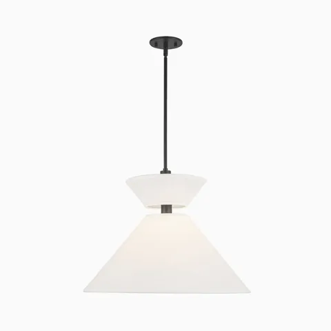 Pendant light with dual frosted glass cone shades and matte black canopy and stem.