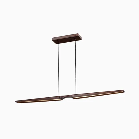 Modern brown wood linear LED pendant light with integrated warm light strip, suspended by two black cords from a rectangular canopy.