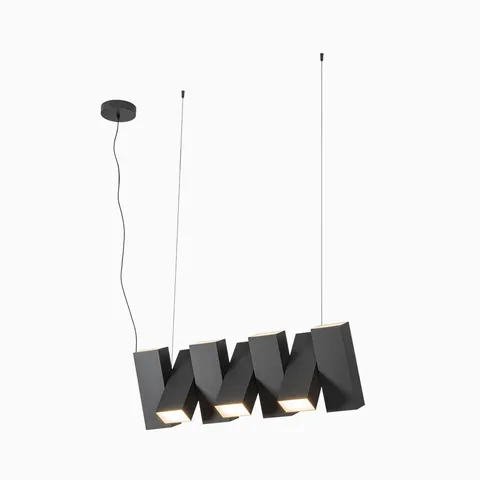 Modern geometric pendant light in matte black finish with sculptural rectangular forms and integrated LED illumination, suspended by slim cables from a round canopy.