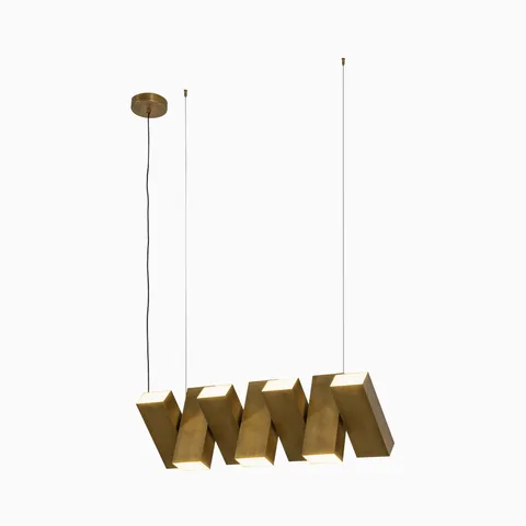 Modern geometric pendant light in vintage brass finish with sculptural rectangular forms and integrated LED illumination, suspended by slim cables from a round canopy.