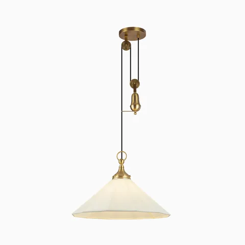 Brushed gold pulley pendant light with a white linen tapered shade, featuring dual black suspension cords and a classic adjustable counterweight design.