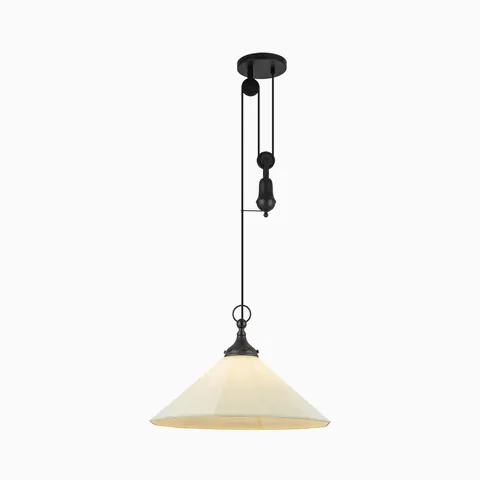 Matte black pulley pendant light with a white linen tapered shade, adjustable cord detailing, and matching round canopy.