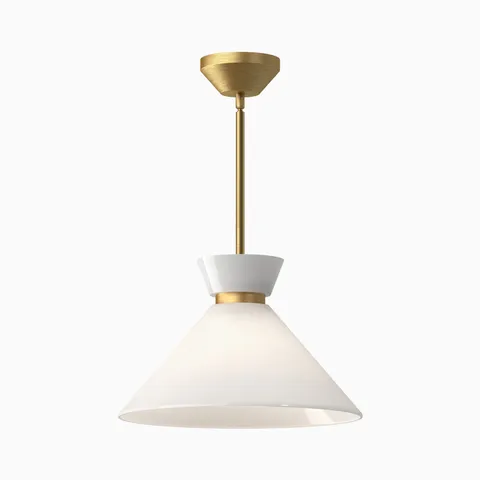 Brushed gold pendant light with glossy opal glass white conical shade suspended from a slim ceiling rod.