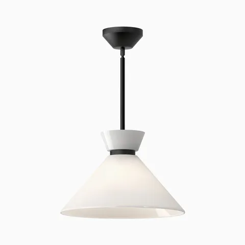 Matte black pendant light with glossy opal glass white conical shade suspended from a slim ceiling rod.