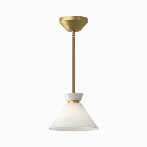 Brushed gold pendant light with glossy opal glass white conical shade suspended from a slim ceiling rod.