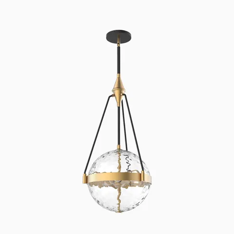 Brushed gold pendant light with clear water glass globe shade and black accents.