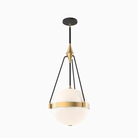 Brushed gold pendant light with glossy opal glass globe shade and black accents.