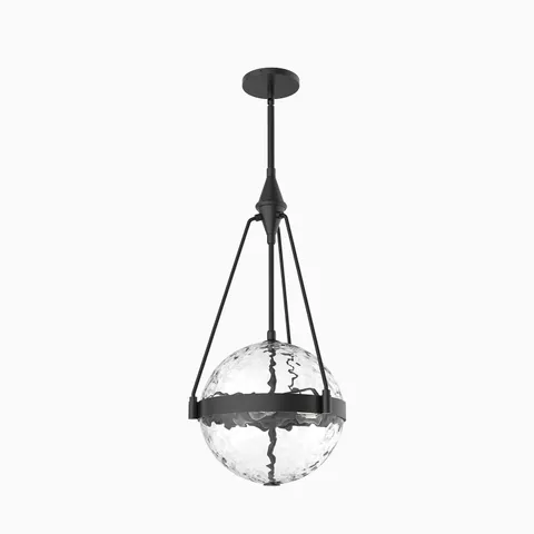 Matte black pendant light with clear water glass globe shade.