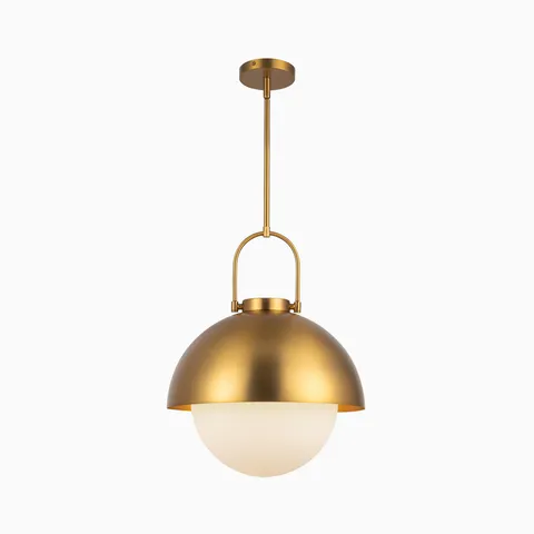 Aged gold dome pendant light with a matte opal glass globe diffuser and matching metal suspension.