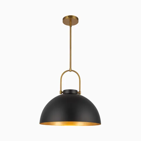 Matte black dome pendant light with a warm gold interior and brushed gold suspension.