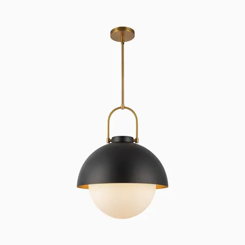 Matte black dome pendant light with an opal glass globe diffuser and brushed gold suspension.