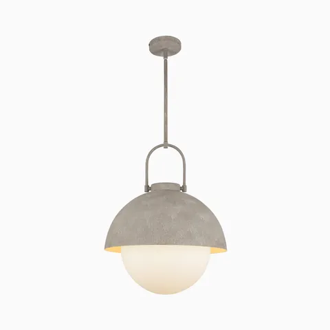 Steel dome pendant light with a matte opal glass globe diffuser and matching metal suspension.