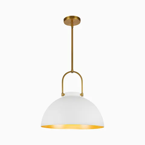 White dome pendant light with a warm gold interior and brushed gold metal suspension.