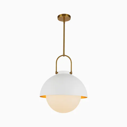 White opal glass globe pendant light with a dome shade and brushed gold metal suspension.