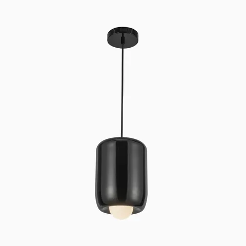 Glossy black cylindrical pendant light with a smooth reflective finish, suspended from a round ceiling canopy, featuring a softly glowing frosted bulb underneath.