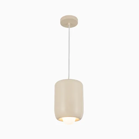 Pearl white cylindrical pendant light with a smooth matte finish, suspended from a round ceiling canopy, featuring a softly glowing frosted bulb underneath.