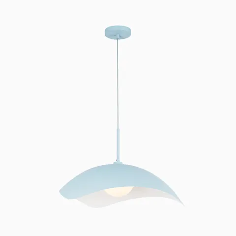 Light blue socket pendant light with a sculptural curved metal shade and soft white diffuser beneath, creating a smooth wave-like silhouette suited for modern kitchens or dining areas.