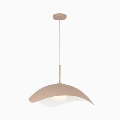 Modern pink pendant light with a flowing curved metal shade and glowing central bulb with diffuser, forming a sculptural profile that adds warmth to contemporary interiors.