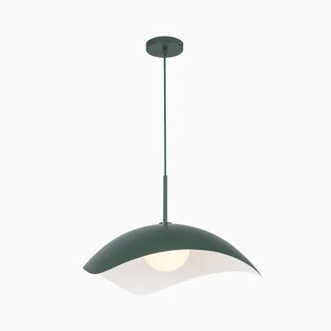 Green socket pendant light with a sculptural curved metal shade and soft white diffuser beneath, creating a fluid modern silhouette suited for kitchens or dining spaces.