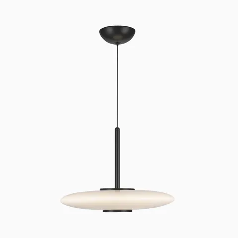 Modern LED pendant with a matte black suspension rod and frosted glass disc shade, creating a sleek low profile silhouette that spreads gentle light indoors.