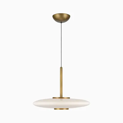 Brushed gold LED pendant light with a slim vertical rod and frosted glass disc shade, offering soft even illumination with a refined floating look for modern interiors.