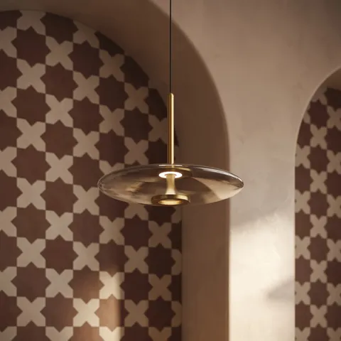 Adler 17" LED Pendant in Vintage Brass/Smoked Glass, Universal Voltage