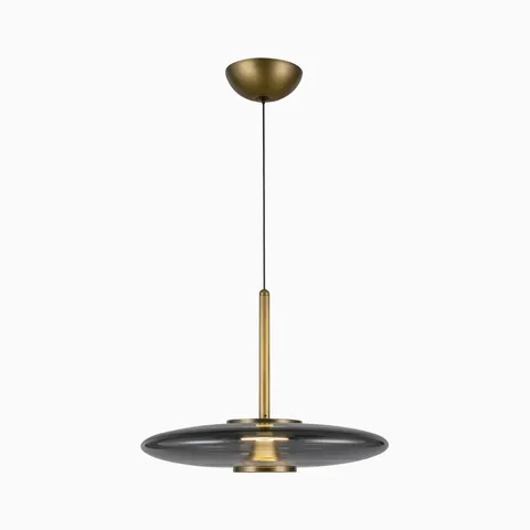 Modern LED pendant with a brushed gold suspension rod and wide smoked glass disc shade, creating a low profile silhouette that spreads soft light across contemporary interiors.