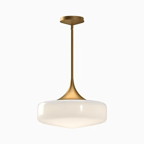 Modern pendant light in brushed gold with a slender suspension rod and rounded white glass shade, creating a balanced silhouette suited for dining rooms or kitchens.