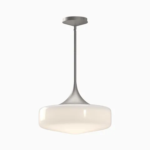 Brushed nickel pendant with a sleek tapered stem and frosted white glass shade, delivering soft diffused lighting with a refined sculptural look for contemporary spaces.