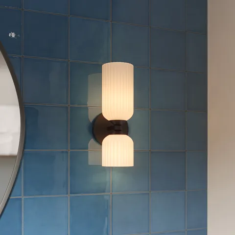 Madison 12" Socket Wall/Vanity Light in Matte Black/Glossy Ribbed Opal Glass