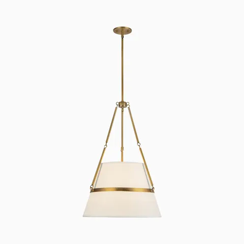 Modern brushed gold pendant with a white fabric drum shade supported by slim rods, offering soft diffused lighting for contemporary interiors.