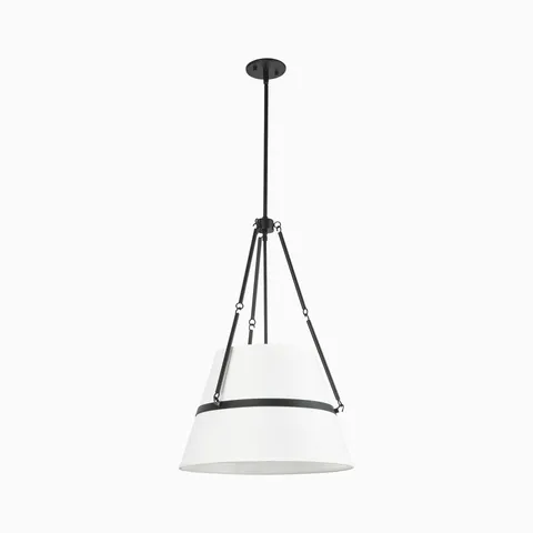 Matte black pendant light featuring a white fabric shade and minimalist rod suspension, delivering warm ambient lighting with a clean modern look.